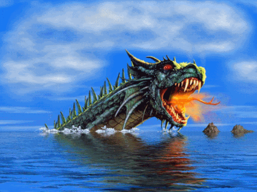 A dragon rising from the water and breathing fire